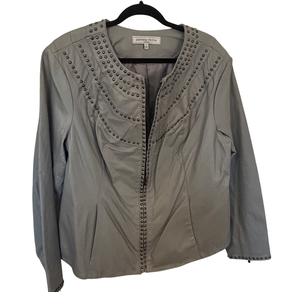 Pamela McCoy Leather Jacket Womens 1X Grey Studded Zip Collarless Moto Excellent
